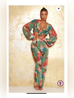 With Tags- Tropical Print High-Waist Wide-Leg Pants - Green Floral